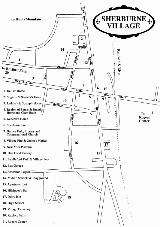 Map of Sherburne New York village  as featured in the novel The Dogs of Sherburne